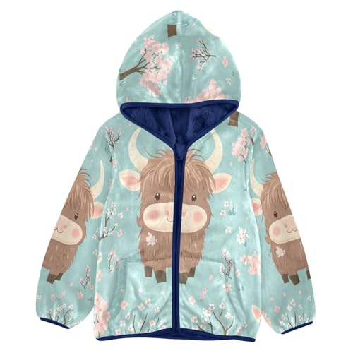 Highland Cow and Cherry Blossom Toddler Fleece Jacket Girl Boys Hooded Fleece Jacket Coat Warm Outwear Zip-up 3-10T