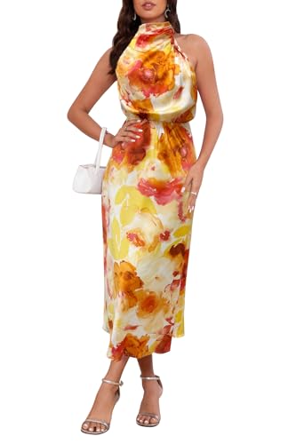Image of Women's Satin Maxi Dress Summer Formal Wedding Guest Cocktail Dress | Mock Neck Sleeveless,Elegant Silk Midi Long Dress,High Neck,Halter,Aline,Bridesmaid,Bridal Shower Guest,Garden Party,Dinner