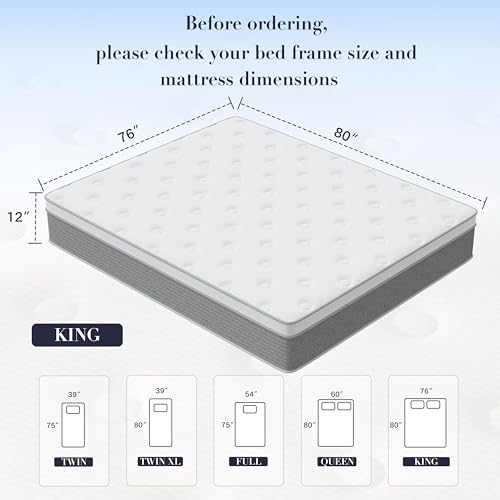 Image of King Size Mattress - 12 Inch Memory Foam Mattress in a Box for Pressure Relief & Motion Isolation with Individual Pocket Spring, Medium Firm, CertiPUR-US Certified, Fiberglass Free