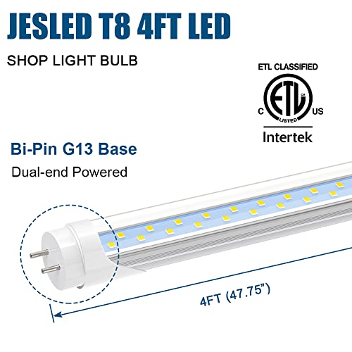 JESLED T8 LED 4FT Type A+B Light Bulbs, 24W(65W Equivalent), 3200LM, 6000K Super Bright, Plug and Play or Ballast Bypass, 4 Foot LED Fluorescent Tube Replacement, ETL Listed, Dual-Ended, Clear(4-Pack)