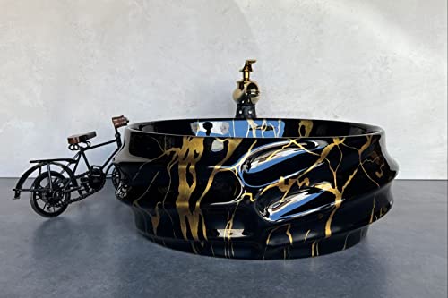 Image of Designer Glossy Finish Ceramic Art Table Top Wash Basin For Bathroom | Collapsible Countertop Washbasin (Black White Glossy Art, 16 x 13 x 6 Inch)