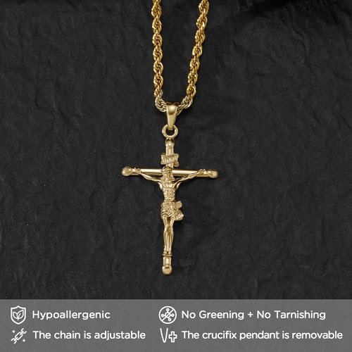 NORBU 18K Gold over S925 Crucifix Necklace for Men with Rope/Cuban Chain, Catholic Jesus Cross Pendant, Men's Religious Gift for Easter Christmas3