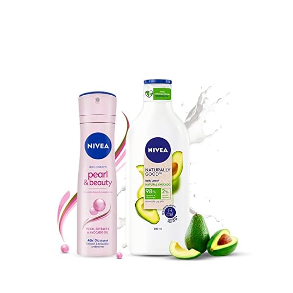 NIVEA Pearl and Beauty Deodorant 48Hours, 150ml and NIVEA Naturally Good, Natural Avocado Body Lotion, 200 ml