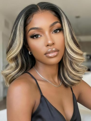 Image of KLAIYI Bye Bye Slip Ombre Ash Blonde Highlight Bob Body Wave Glueless Precut 7X5Lace Front Wigs Human Hair Layer Blowout Drawstring Ready to Wear Go Wig Face Framing Pre Plucked Bleached Knots 12Inch