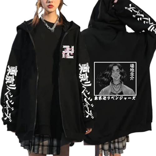 DRTBAC Tokyo Reven-gers Sudadera Capucha con Cremallera, Chaqueta Anime de Cierre Completo con Bolsillos, Otoño Casual Street Style Sudadera Pullover(Black4,XL)