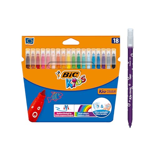 BIC Kids Kid Couleur Feutres de Coloriage à Pointe Moyenne - Couleurs Assorties, Etui Carton de 18
