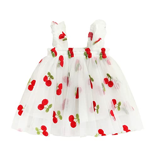 Image of Infant Toddler Baby Girl Summer Dress Sleeveless Floral Fruit Embroidery Casual Mesh Tutu Puff Dress (White Cherry, 6-12 Months)