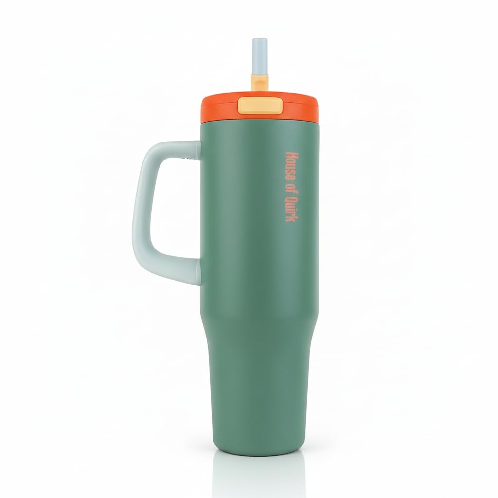 House of Quirk 1200ML Stainless Steel Tumbler with Handle & Pop-Up Lid, Double Wall Vacuum Insulated Mug, Leakproof Hot & Cold Travel Cup, Fits Car Cup Holder (Cactus Green)-image-3