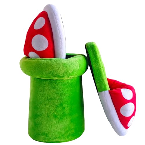 TISOSO Super Piranha Plants Plush Slippers Unisex Warm House Slippers With Green Warp Pipe Plush for Adult