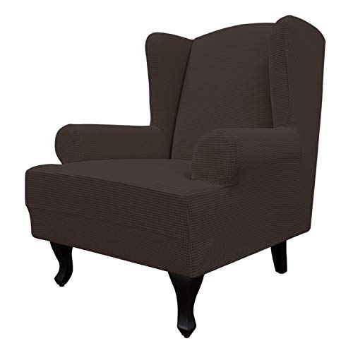 Image of Easy-Going Stretch Large Wingback Chair Sofa Slipcover Chocolate | 1-Piece Sofa Cover Furniture Protector Couch Soft with Elastic Bottom, Spandex Jacquard Fabric Small Checks