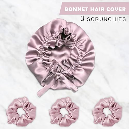 Image of GLUN Hair Protector Bonnet Cap with 3 Scrunchies Combo, Pack of 1 Rose Pink Colour, Prevents Hair Breakage, Frizz Control and Moisture Retention, Ideal for Curly & Natural Hair