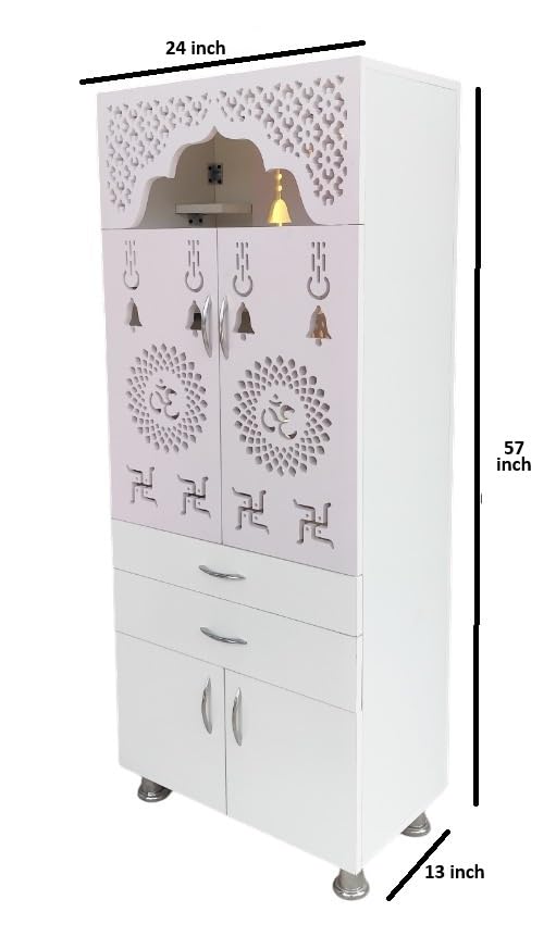 Image of Wooden Temple for Home with LED Light and Pooja chowki (Sitting Table), White Engineered Wood Pooja Mandir, 57 inch Height, Pre-Assembled