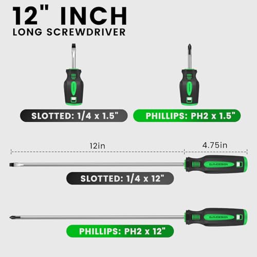 GURADESIGN 4-Piece 12" Long Screwdriver Set Slotted and Phillips, Long & Short Magnetic Screwdriver Set - Image 2