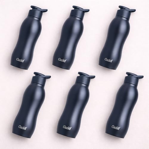 Image of Clazkit Platina Stainless Steel Black Matte Finish Water Bottle Set of 6 |ISI Certified | Leakproof, Rust-Free, BPA-Free, Durable for Fridge, Sports, Gym, Yoga & Office-1000ml