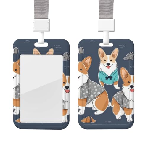 スライド式バッジホルダー ストラップ付き 縦型 IDカードホルダー 衣服 コーギー 犬 プラスチックカードケース プロテクターポーチ クリアウィンドウ付き IDクレジットカード 看護師 役員 教師用