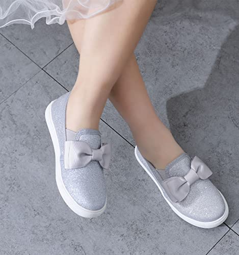 Kkdom Girls Slip On Glitter Sneakers Cute Bow Lazy Tennis Shoes Loafers For Little Girls(Toddler/Little Kid/Big Kid) Silver Us Size 13 M Little Kid #TOP6