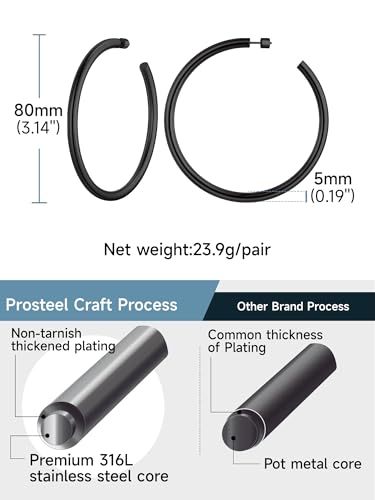 Image of Stainless Steel Chunky Hoop Earrings For Women, Minimalist and Chic, Black /Gold Plated, Round Hoops Earrings Hypoallergenic, Size: 30mm /40mm /60mm /80mm, Come with Box