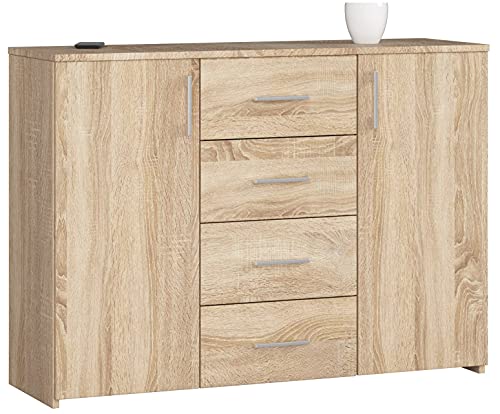 AKORD Kommode K45 110 cm | mit 2 Türen und 4 Schubladen | Schrank | für das Wohnzimmer | für das Schlafzimmer | B110 x H80 x T35 cm | Gewicht 48,00 kg | Sonoma Eiche