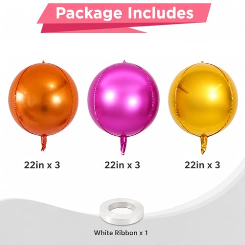 Image of 9 Pcs Pink Orange Gold Round Foil Balloons 22 In Metallic Hot Pink Gold Orange Chrome 4D Ball Balloon Mylar for Tropical Fiesta Summer Birthday Baby Shower Anniversary Sunset Disco Party Decor