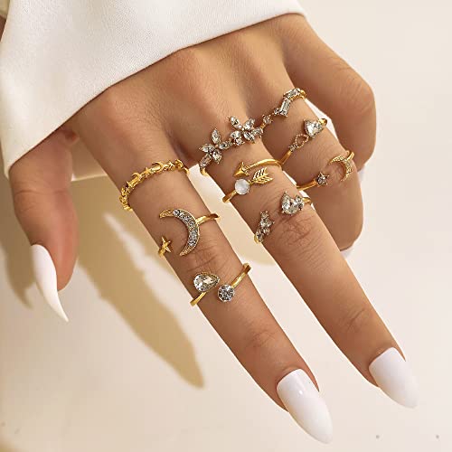 KISS WIFE Golden Stackable Moon Star Knuckle Rings Set for Women, Boho Dainty Lightweight Stacking Rings, Vintage Midi Rings Pack, Trendy Jewelry3
