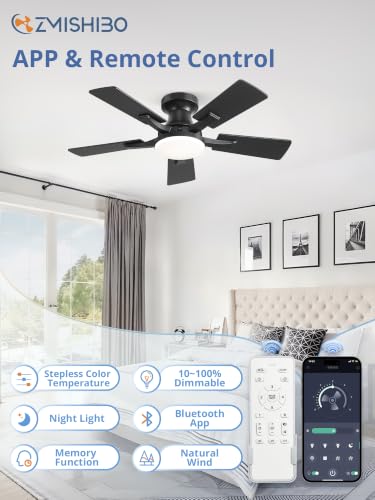 Image of ZMISHIBO 36 Inch Ceiling Fans with Lights, Remote&App Control, Flush Mount | Low Profile, Dimmable 20W LED Light, Quiet Reversible Motor, Strong Airflow, Easy Install for Bedroom /Living Room /Apt, Black