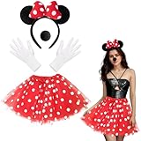 Takmor 4PCS Mouse Costume Accessories, Ear Headband 4 Layers Red Polka Dot Tutu Women Mouse Costume Adult Black Nose for Halloween Christmas Dress Up