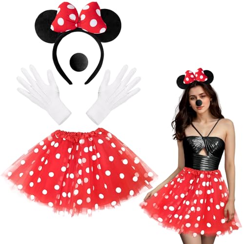 Takmor 4PCS Mouse Costume Accessories, Ear Headband 4 Layers Red Polka Dot Tutu Women Mouse Costume Adult Black Nose for Halloween Christmas Dress Up
