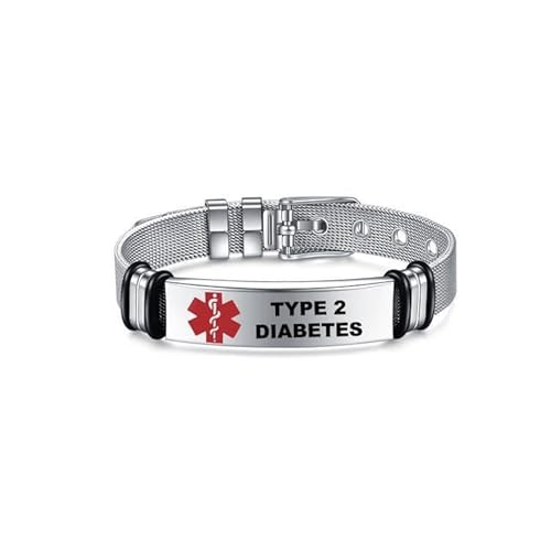 Medical Alert Identification Bracelets, Silver Stainless Steel, Adjustable Diabetes Epilepsy Blood Thinner (Type 2 Diabetes)
