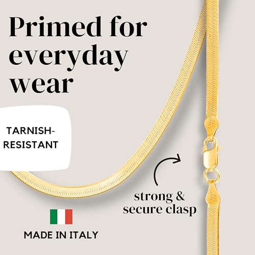 KISPER Solid 925 Sterling Silver 24k Gold Plated Herringbone Necklace for Women & Men, Italian Diamond-Cut 3mm Snake Chain Necklace, Made in Italy, 16-30 Inches4
