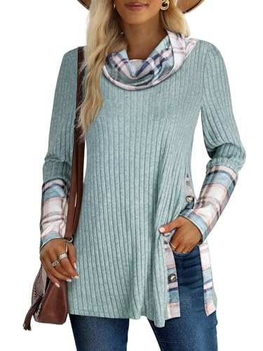Miusey Cowl Neck Pullover Sweaters Checkered Tunic Sweatshirts Fall Shirts for Women 2024 Loose Fit Mint Green Plaid L