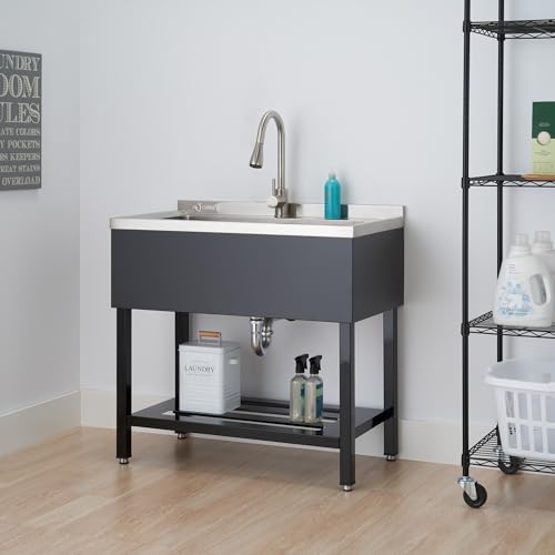 TRINITY THAPBK-0323 Stainless Steel Freestanding Single Bowl Utility Sink for Garage, Laundry Room, and Commercial Use, Includes Pull-Out Faucet, NSF, UPC and cUPC Certified, 36" x 20" x 49.2", Black