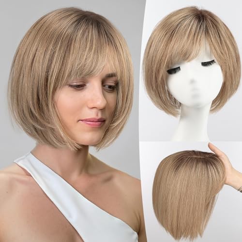 starluck Hair Topper for Women Real Human Hair 6.5x6.5 inch Base ombre Ash Brown Short Bob with Bangs Side Part SilkHug Human Hair Topper for Women with ThinngHair Cover Gray Roots-10 Inch