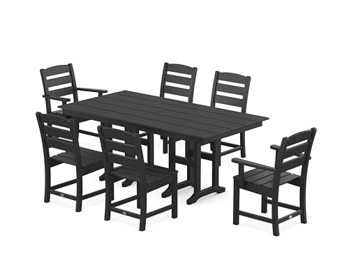POLYWOOD Lakeside 7-Piece Outdoor Dining Set, All-Weather HDPE Patio Furniture Table and Chairs, Black, Made in USA, Deck, Garden, Poolside
