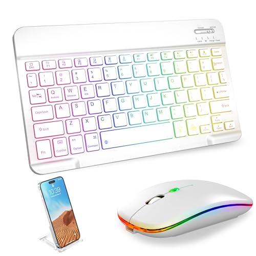 Bluetooth Keyboard & Mouse Combo for iPad - Rechargeable RGB Wireless Set with 7-Color Backlit, Compatible with iPad 10th/9th/8th Gen, iPad Pro/Air/Mini (White).