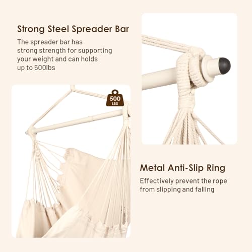 Image of Highwild Hammock Chair Hanging Rope Swing - Max 500 Lbs - Steel Spreader Bar with Anti-Slip Rings - for Any Indoor or Outdoor Spaces (Beige)
