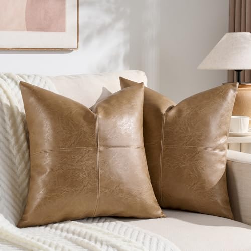 Fancy Homi 2 Packs Tan Faux Leather Decorative Throw Pillow Covers 18x18 Inch for Living Room Couch Bed Sofa, Cross Patchwork Accent Square Beige...