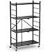 Himix Storage Shelves with 20 Hooks, 4-Tier Foldable Shelves for Storage, Folding Shelf Unit Pantry Shelves with Wheels, Metal Shelving Storage Rack Shelf for Kitchen Garage Home, Black - No Assembly