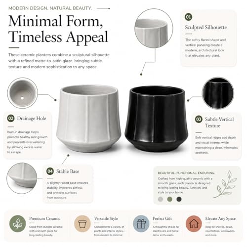 Image of Xtore 2 Pc Elegant Matte Black Ceramic Planter Pot for Indoor Plants & Tabletop Styling | Modern Minimal Desk, Shelf & Living Room Decor (Black & Grey, Planters only)