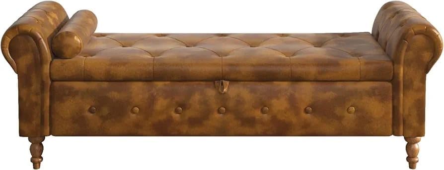 Image of LEGACY OF COMFORT F4 Velvet Upholstered Storage Bench 2 Seater Sofa Chaise Lounger or Living Room Bedroom Office (Brown)