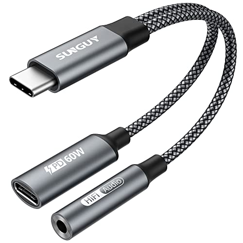 SUNGUY Adaptateur USB C vers Casque Jack 3,5 mm, Adaptateur USB C vers AUX et Charge 2 en 1 avec Charge Rapide PD 60W Compatible avec Samsung S22/S21/S20 FE/Note 20, iPad Pro, iPad Air,Google Cover