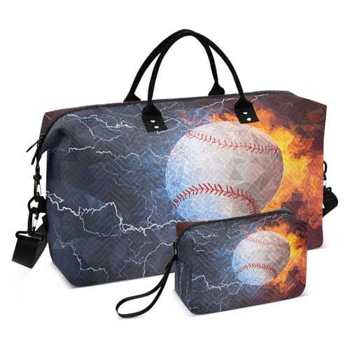 Funny Baseball Ball Fire Water Large Travel Duffle Bag Weekender Overnight Bags Gym Yoga Bag for Women Men with Toiletry Bag
