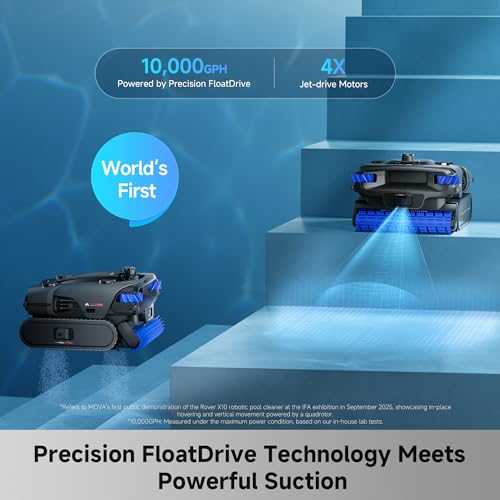 Image of Mova Rover X10 Cordless Robotic Pool Cleaner, 7-in-1 Cleaning, AquaScan LDS Mapping & Precise PoolNavi, Smart Surface Parking, 10,000 GPH Suction, EdgeDrive Brush, Skimmer with Real-time App Control