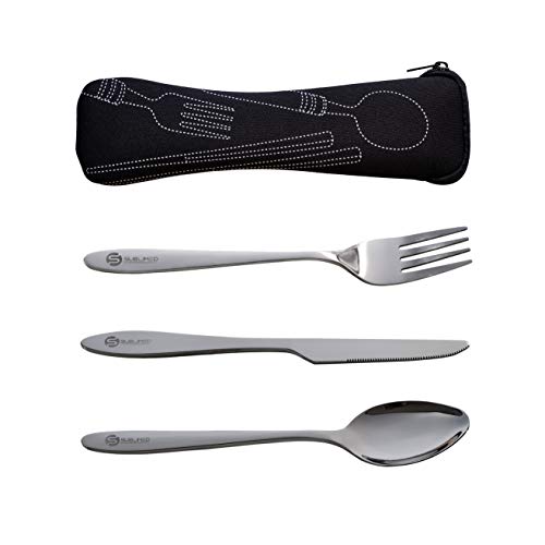 SUBLIMED 3 Piece Stainless steel camping silverware Set, Knife, Fork and Spoon with Neoprene Case (Black)