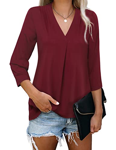 Womens Dress Shirts And Blouses Ladies 3/4 Seeve V Neck Tops Office Work Shirts For Women Business Work Clothes Office Professional Tunic Tops Soft A Line Tunic Tops 3/4 Sleeve Red Blouse Xl #TOP1