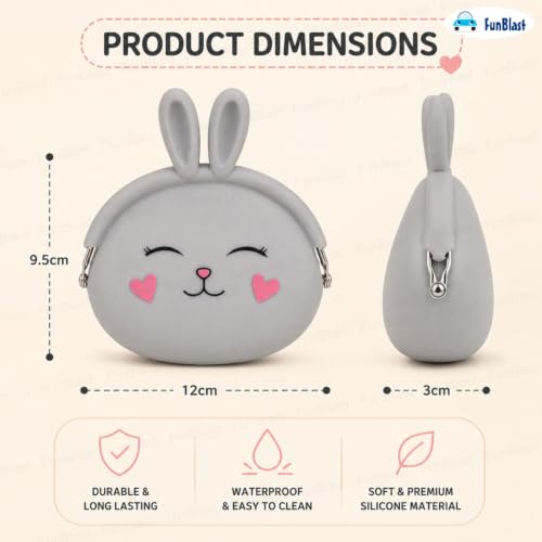 Image of FunBlast Cute Bunny Shape Silicone Coin Purse for Kids & Adults - Mini Pouch for Coins, Earphones, Keys & Small Essentials, Aesthetic Pouches for Girls & Women - 12 X 9.5 X 3 Cm (Bunny-Grey)