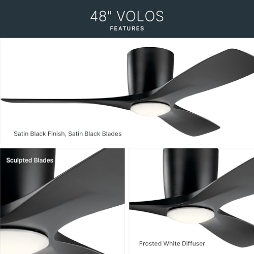 Image of Kichler Volos 48 inch Ceiling Fan With LED Light, Satin Black, 300032SBK | Wall Control, Contemporary Indoor Fan, Low Profile Ceiling Fan with Light