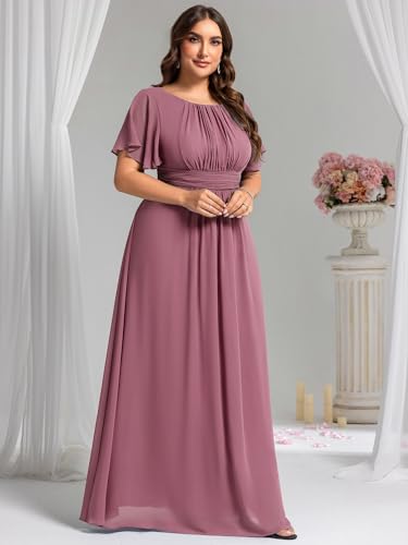 Image of Ever-Pretty Plus Elegant Formal Dresses for Curvy Women Round Neck Short Sleeves Chiffon Bridesmaid Mother of The Bride Dress