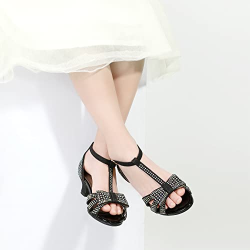 PANDANINJIA Sally Girls Heels Todder Rhinestone Dress Shoes Pump T Strap Open Toe Bow Little Big Kids Flower Girl Shoes(Black Glitter 4 M US Big Kid)3