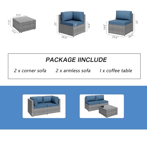 Shintenchi 5 Pieces Outdoor Patio Furniture Sets, Patio Sectional Sofa Couch, Gray PE Wicker Furniture Modular Patio Conversation Sets Patio Sofa with Washable Cushions & Table(Aegean Blue) - Image 3