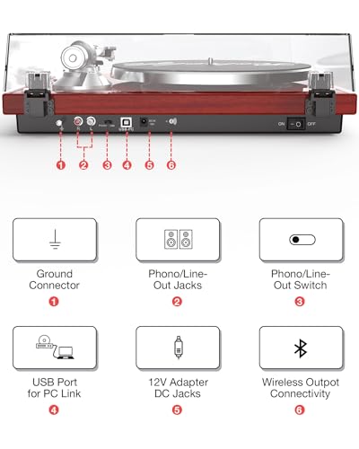 Image of Record Player Turntables for Vinyl Record Belt-Drive Wireless Output Connectivity Phono RCA Line USB Digital to PC Recording MM Audio AT-3600L Cartridge Stylus Adjust Counterweight Classic Piano Red